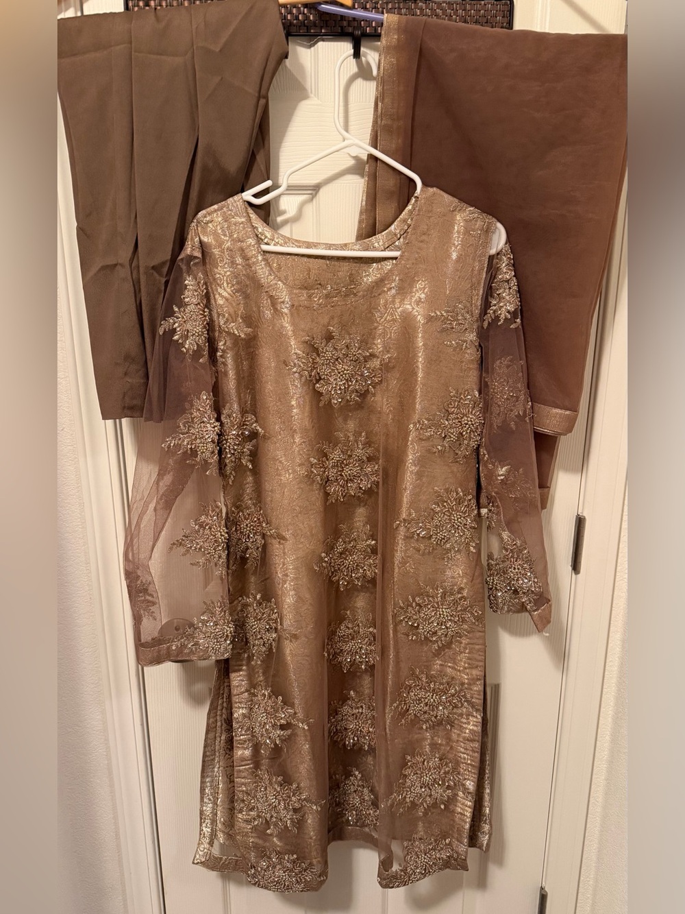 Embroidered Sheer Sleeve Dress in Taupe